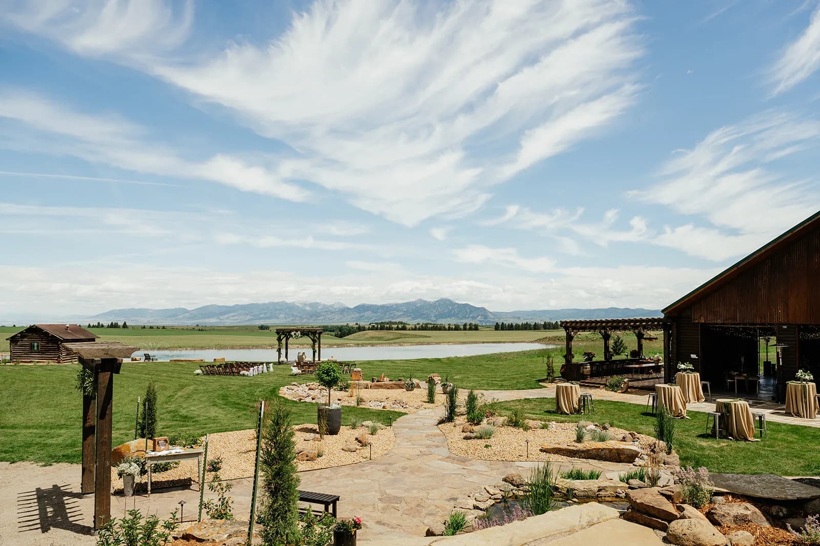 Exterior view of the Big Vista Ranch grand reception hall showcasing modern timber craftsmanship